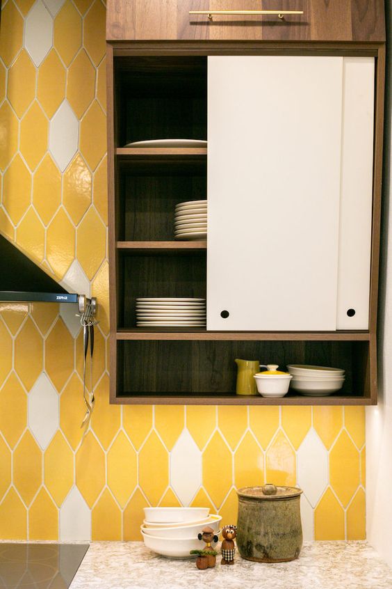 yellow and white backsplash