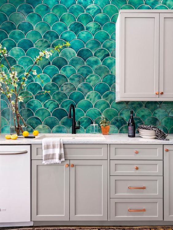 blue green kitchen backsplash