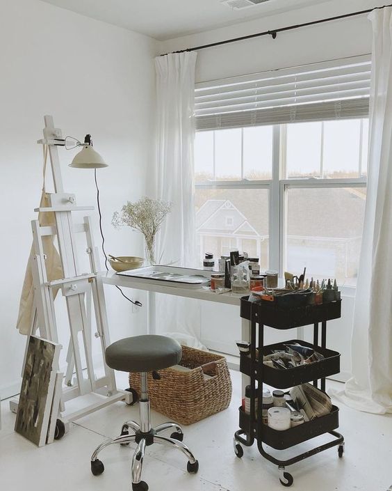 a small and cool home artist nook with a white console table, a black IKEA cart with supplies, a white easel, a white sconce and a stool