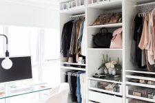 a stylish neutral feminine closet with an open storage wardrobe, drawers, a clear glass desk, a white chair and cool lamps