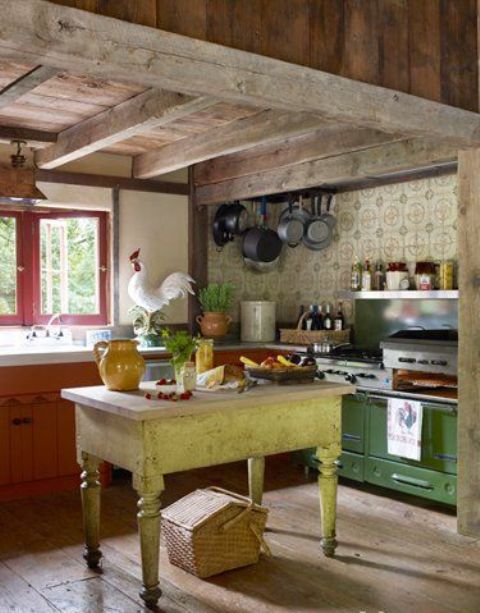 a bright orange and green kitchen with a wooden ceiling with beams, a yellow kitchen island, a bright tile backsplash is cool