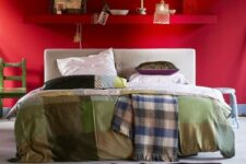 a stylish bedroom with cool printed bedding