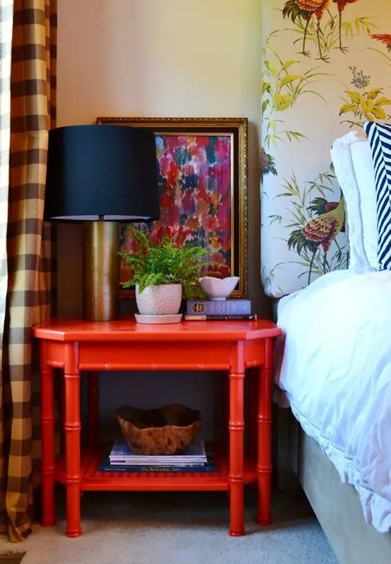 a large vintage red nightstand is a great idea to add color and a vintage feel to any space