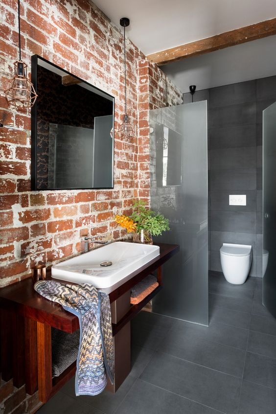 Minimalist Bathroom Brick Wall With Luxury Interior