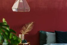 a bedroom with red walls