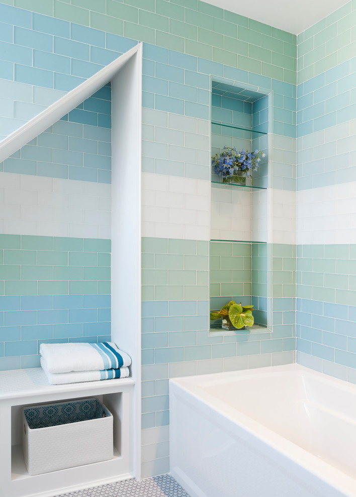 tiles on the walls inspired by all the shades of the sea, a penny tile floor and niches for storage  (Reiko Feng Shui Design)