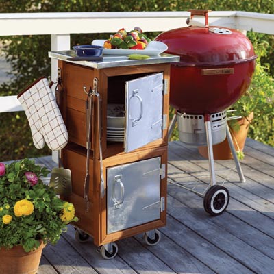 If a Weber BBQ is your whole outdoor kitchen than a storage unit on castors is a great company to it. You can easily move them both around your deck.