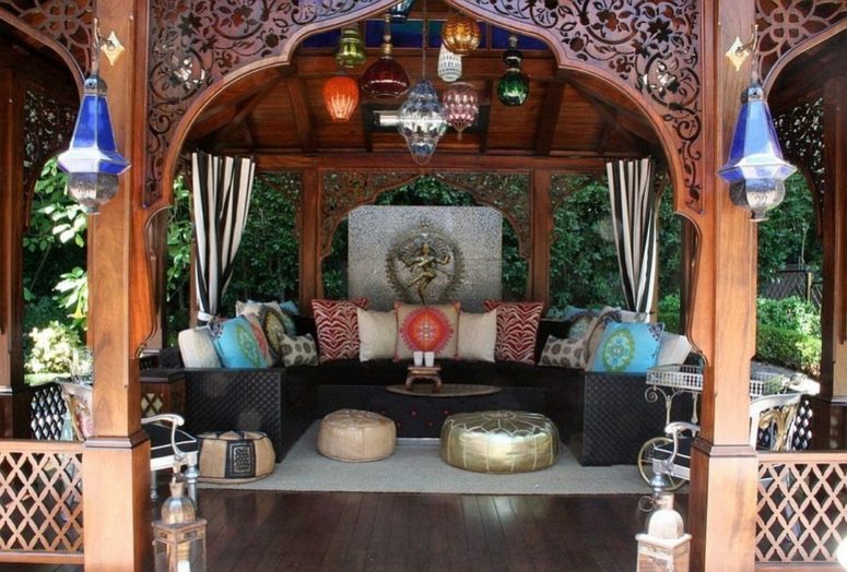75 Charming Morocco Style Patio Designs Digsdigs A Bright Moroccan Patio With U Shaped Sofa Colorful Pillows And Glass Lanterns