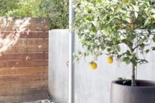 a contemporary outdoor shower done with pebbles, concrete and wood and potted lemons for an ambience
