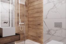 a minimalist bathroom with white marble, a floating wooden vanity and natural wooden planks in the shower