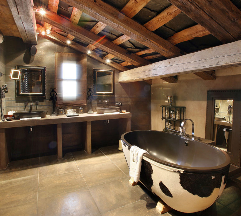 a modern rustic bathroom with much wood, tiles on the floor and a fun cow print bathtub (PSCBath)