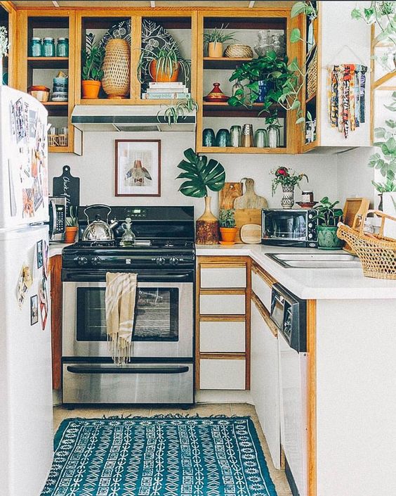 potted plants and greenery and a boho chic rug plus wicker baskets for a boho chic kitchen