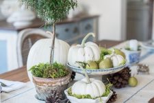 a rustic fall centerpiece of white pumpkins, pears, moss, a potted tree and pinecones all around for a cool look