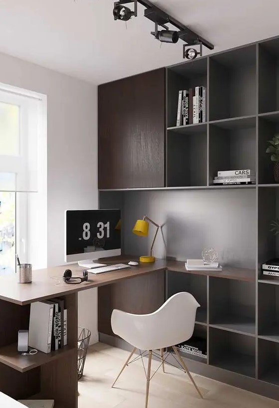 مكاتب منزلية A-simple-contemporary-home-office-with-dark-stained-storage-cabinets-and-a-built-in-desk-plus-open-storage-units-a-white-chair