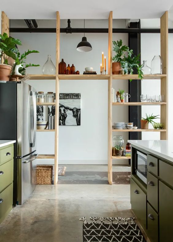 an airy wooden storage unit doubles as a space divider is a cool idea for any modern space