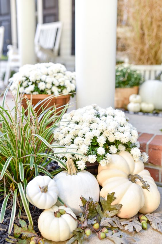beautiful fall decor with white potted blooms, grasses, pumpkins, acorns and leaves is fantastic
