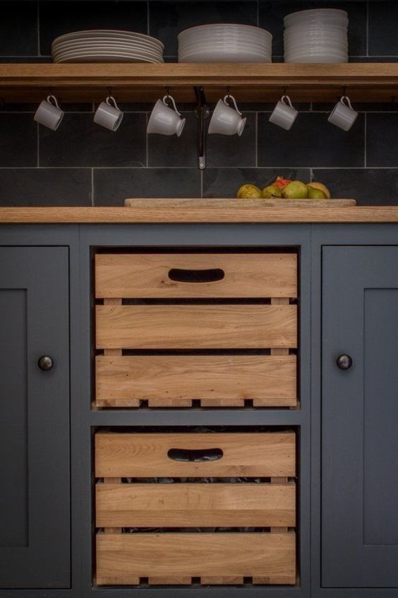 build in some crates or boxes as drawers if they are more comfortable for you than usual cabinets