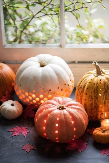 perforated pumpkin in various natural colors and with candles inside are very chic and very cozy for fall decor