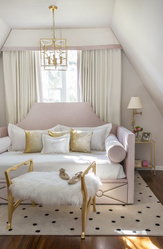 a cute glam white faux fur bench in gold is a stylish and chic piece to add to a feminine space