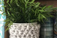 a planter styled with a chunky knit cozy looks very cool, lovely and chic and feels fall or winter-ready