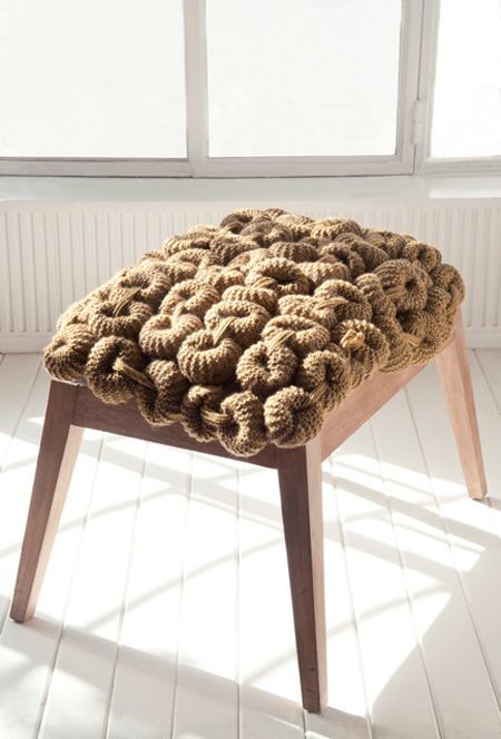 a stool with a unique crochet seat is a cool and cozy idea for any interior, it looks unusual and chic