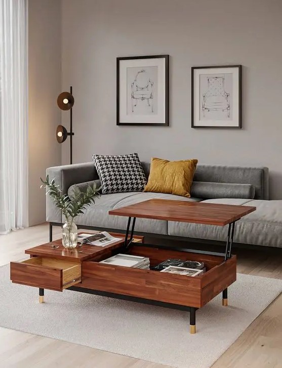 a stylish and functional mid-century modern coffee table with a drawer and a hidden compartment with a rising tabletop is cool