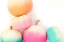 beautiful green, blue, pink and orange ombre pumpkins with touches of gold are lovely