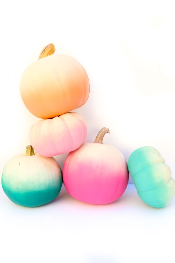 beautiful green, blue, pink and orange ombre pumpkins with touches of gold are lovely