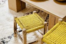 bright mustard crocheted stools and an ottoman are cool and comfy furniture pieces with plenty of color