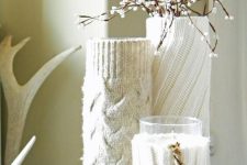 clear glass vases and candleholders covered up with neutral cozies with patterns are amazing for cold season home decor
