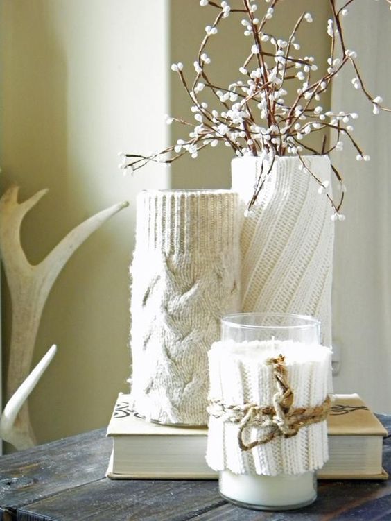 clear glass vases and candleholders covered up with neutral cozies with patterns are amazing for cold season home decor