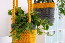 colorful chunky crochet hanging plant cozies will hold your plants where you want, save your space and add color to the room