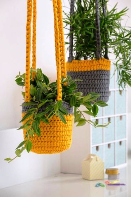 colorful chunky crochet hanging plant cozies will hold your plants where you want, save your space and add color to the room