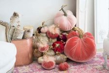 gold, blush and coral velvet pumpkins with faux fur will make your space very refined and very chic