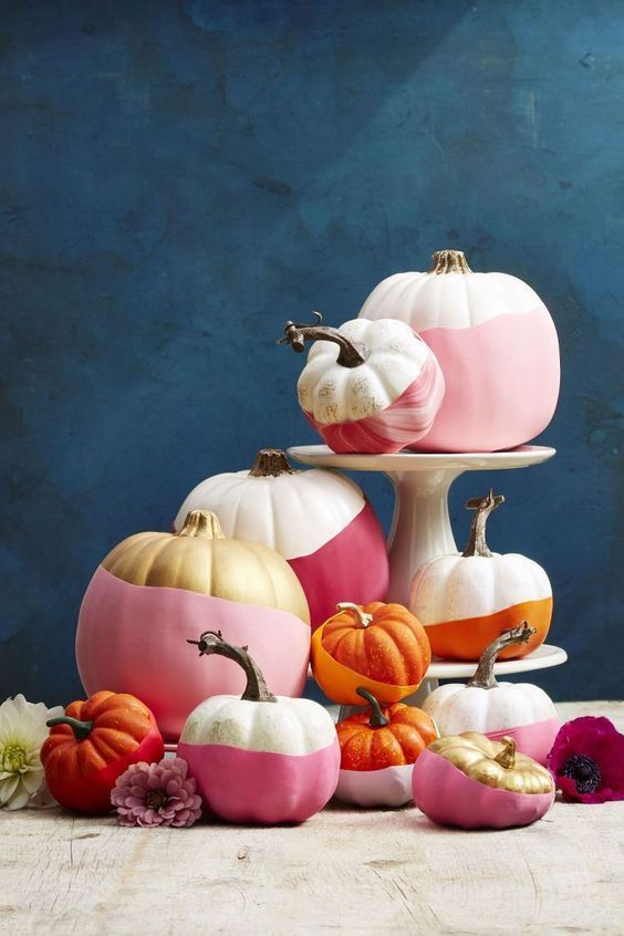 stylish modern color block pumpkins in pink, rust, gold, white and with a marble effect make your space fall-like