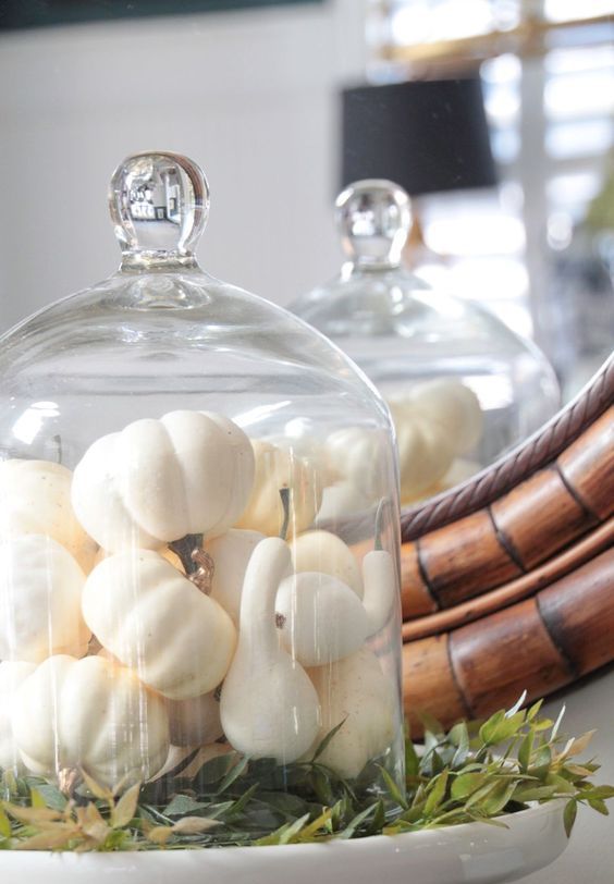 a Thanksgiving centerpiece of a cloche filled with white pumpkins and gourds, greenery is eays to make