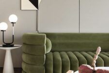 a beautiful and catchy green sofa featuring fluting is a very up-to-date piece for a contemporary space as fluting is on top