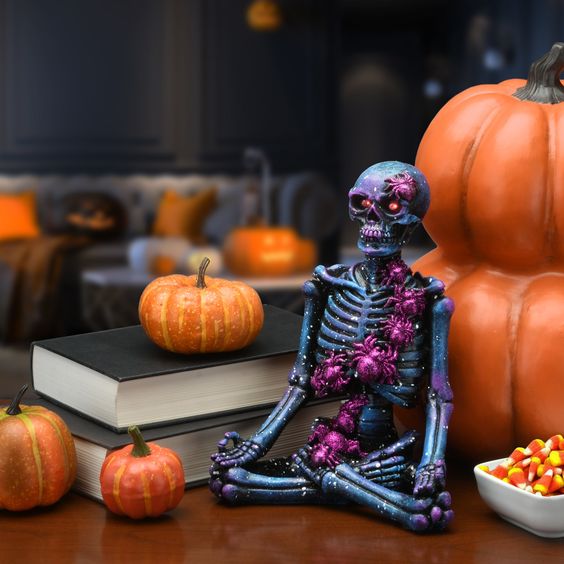 a black meditating skeleton covered with purple spiders is a cool and bold idea to decorate your space for Halloween