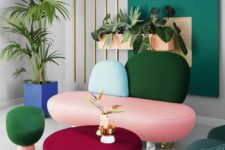 a creative and colorful loveseat with tall legs makes a color block statement in the space and perfectly makes an accent