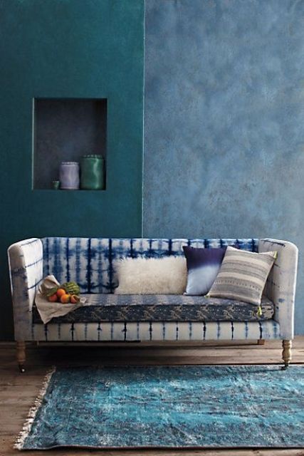 a creative tie-dye sofa makes your space unique, adds a boho touch and its color and print contrast its classic design