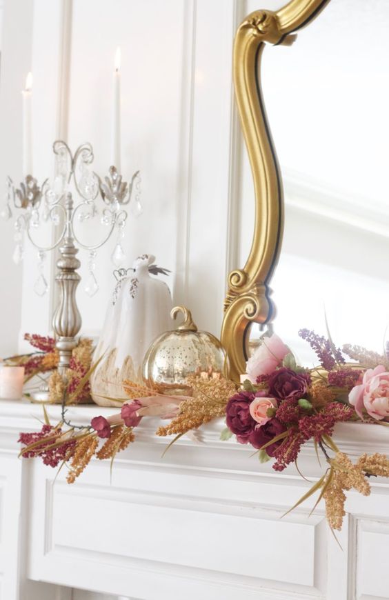 a gold mercury pumpkin, mauve and pink blooms and dried herbs will make your mantel very refined and Thanksgiving-like