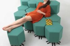 a green sofa composed of hexagon pieces attached to each other, with black legs, is a functional and practical idea for a modern space