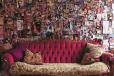 a refined vintage sofa with burgundy upholstery and a printed cushion, printed pillows is a gorgeous idea for a vintage-inspired space