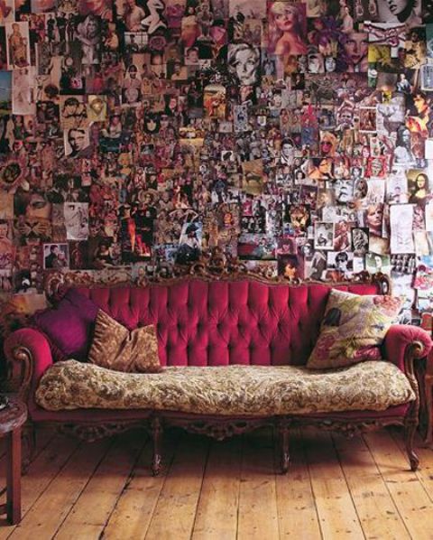 a refined vintage sofa with burgundy upholstery and a printed cushion, printed pillows is a gorgeous idea for a vintage inspired space