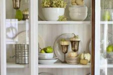 green pears, apples and white pumpkins for decorating your space for Thanksgiving in rustic and vintage style
