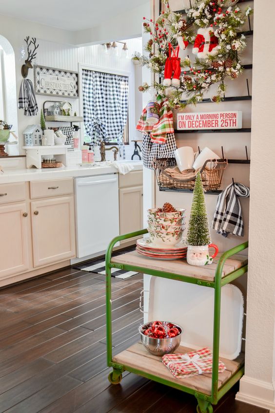 Santa's clothes, a mini tree in a mug, signage and bold printed porcelain plus buffalo check for Christmas