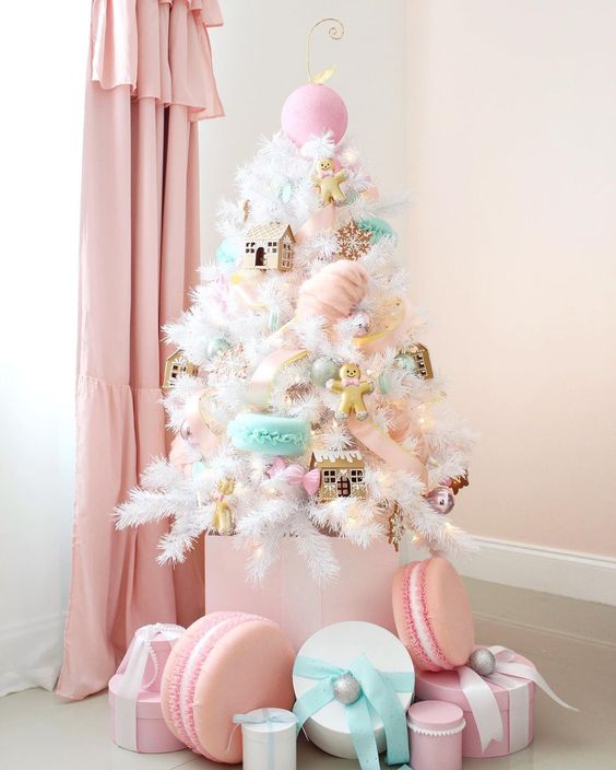 a small white Christmas tree decorated with pink, aqua, blush ornaments - houses, cookies, macarons and oversized ornaments looks amazing