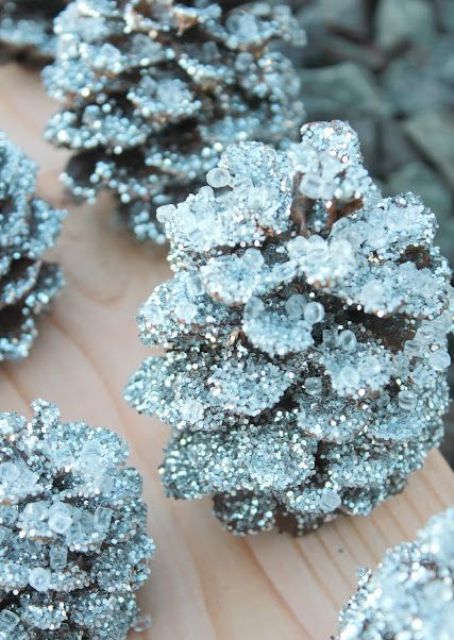 blue glitter pinecones will be a super chic and cute idea to style your space for Christmas in soft pastels
