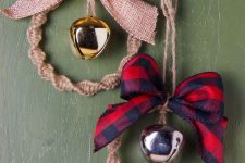 cute Christmas ornaments with knit, burlap and plaid bows and large bells can be DIYed by you yourself