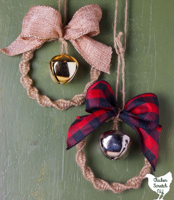 cute Christmas ornaments with knit, burlap and plaid bows and large bells can be DIYed by you yourself